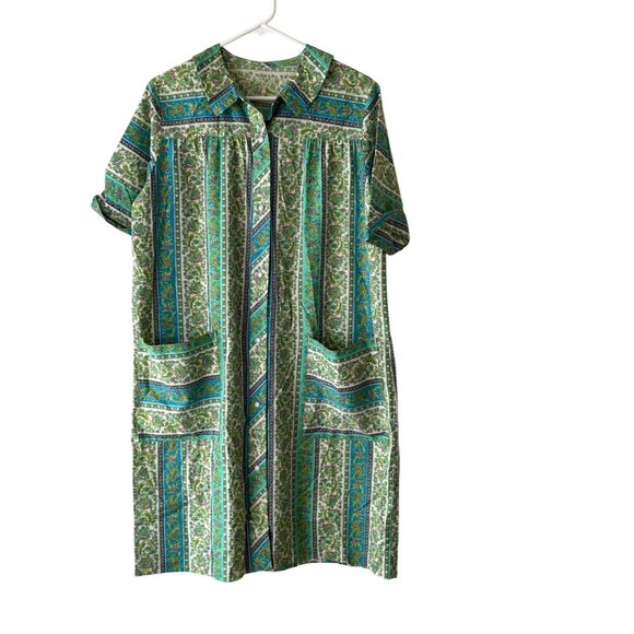 Vintage Green & Blue Floral Stripe House Dress Pockets Button Front Kaftan Sz M - Picture 7 of 8